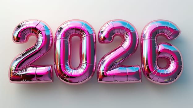 Four shiny balloons form the numbers 2026, shimmering in pink. These festive decorations serve as a perfect setup for new year celebrations or milestone events.