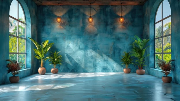Bright turquoise walls and large arched windows create an inviting atmosphere. Natural light filters through, highlighting potted plants that enhance the tranquil environment.