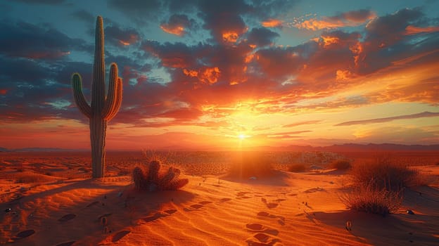 A stunning sunset illuminates the desert sky with warm orange and purple tones. A tall cactus stands prominently in the foreground, surrounded by desert flora and sandy terrain.