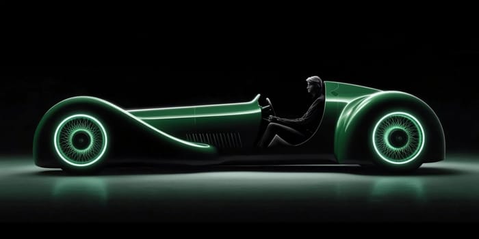 Woman is sitting in a futuristic green sports car with glowing wheels, showcasing the sleek and innovative design of the vehicle