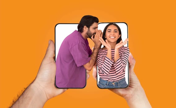 A couple is engaged in a lively chat through their smartphones, showcasing the connection technology brings to relationships despite physical distance. Their expressions reflect love and affection.