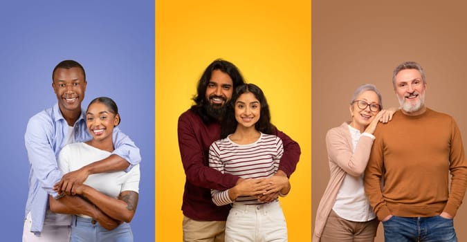 A joyful collage showcases diverse couples expressing love and happiness. They share affectionate moments, highlighting the beauty of relationships on Valentine's Day.
