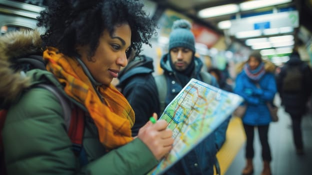People using a subway map Photorealistic Photo. --ar 16:9 --style raw --v 6 Job ID: f0af1caa-a20b-466f-9c48-d76d4288f48d
