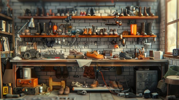 The background features shelves filled with tools, leather pieces, shoe molds, and spools of thread