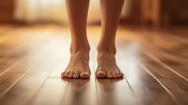 Close-up of bare feet in standing poses on studio's bamboo flooring