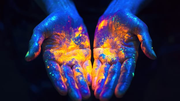 Hands covered in neon paint under black light