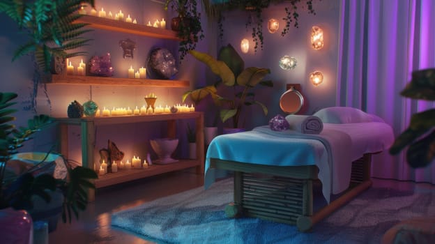 Serene and softly lit retreat room is adorned with crystals, candles, and soothing artwork