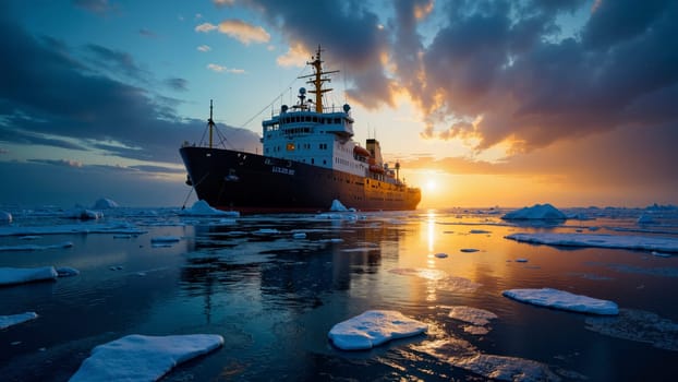 A large ship is sailing in the ocean with a beautiful sunset in the background