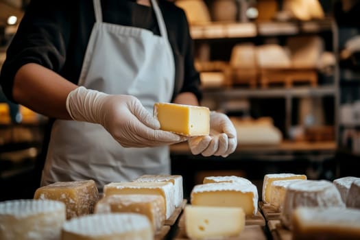 Close up of a woman wearing gloves in an apron holding a piece of cheese..