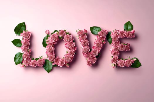 The word LOVE is formed from a floral arrangement of pink and red roses on a clean pink background. Concept of a floral love statement. High quality illustration