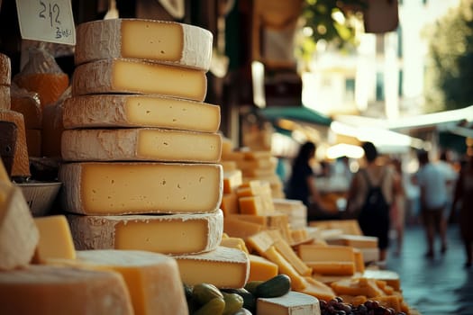 many large circular blocks stacked of Cheese on shop outdoor market . High quality illustration