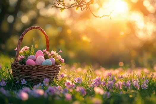 Easter Eggs Basket in spring meadow filled with blooming flowers..