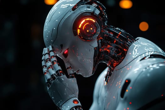 Humanoid robot thinking against a isolated background with copy space. burnout and tired with an exhausted feeling overworked concept. High quality illustration