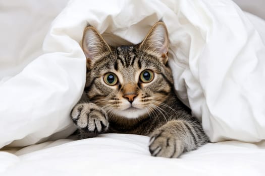 A cat with golden eyes cautiously peeks out from under a cozy blanket on bed..