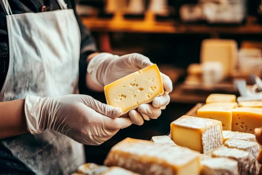 Close up of a woman wearing gloves in an apron holding a piece of cheese..
