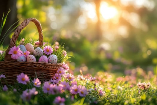 Easter Eggs Basket in spring meadow filled with blooming flowers..