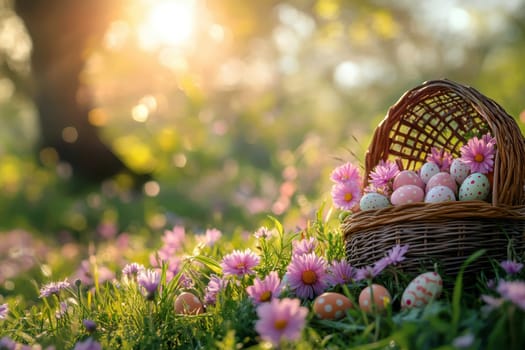 Easter Eggs Basket in spring meadow filled with blooming flowers..