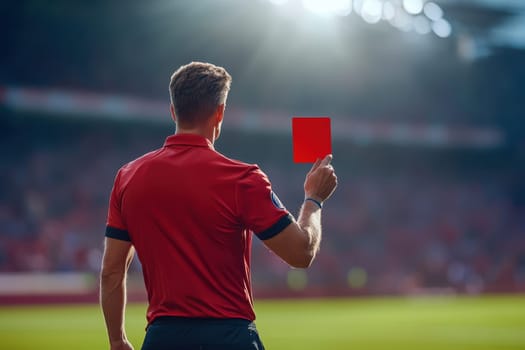 Referee showing a red card to a displeased football or soccer player while gaming. Concept of sport, rules violation, controversial issues, obstacles overcoming..
