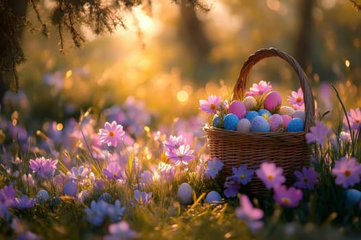 Easter Eggs Basket in spring meadow filled with blooming flowers. High quality illustration