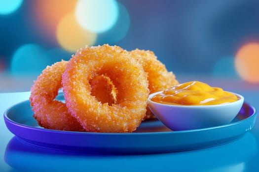 deep onion rings with cheddar sauce in plate on isolated background..