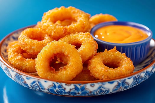 deep onion rings with cheddar sauce in plate on isolated background..
