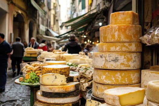 many large circular blocks stacked of Cheese on shop outdoor market ..