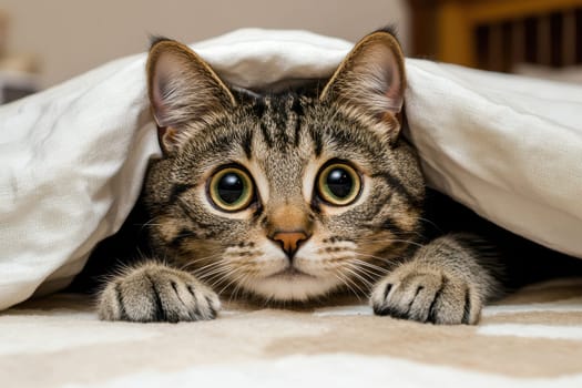 A cat with golden eyes cautiously peeks out from under a cozy blanket on bed..