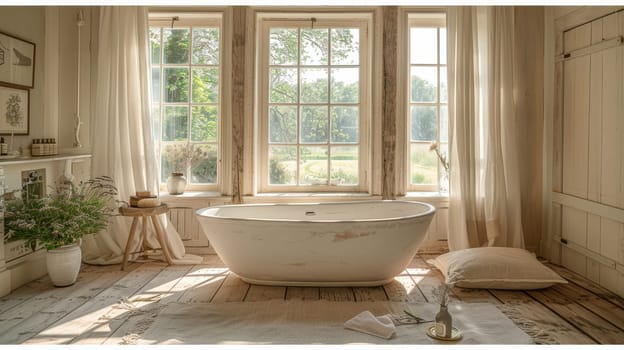 A rustic bathroom showcasing a white freestanding tub, distressed wood floors, large windows, and natural decor elements with countryside scenery visible. shabby chic style bathroom