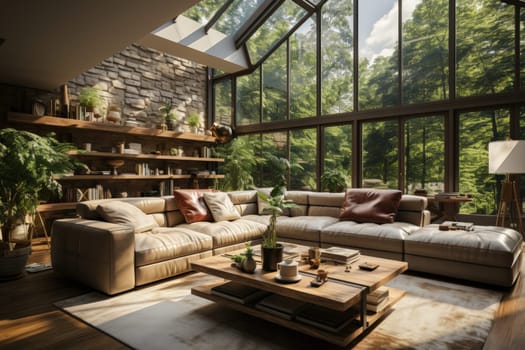 A cozy living room featuring a sectional sofa, stone accent wall, glass ceiling, and lush outdoor views, blending rustic and modern elements.