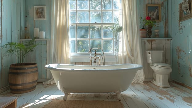 A quaint cottage bathroom featuring blue distressed wooden walls, a white clawfoot tub, natural light, and vintage decor, offering a serene and inviting atmosphere. shabby chic style bathroom