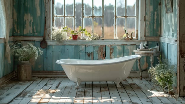 A rustic blue-walled bathroom featuring a clawfoot tub, vintage decor, and spring flowers arranged by the large window under soft sunlight
