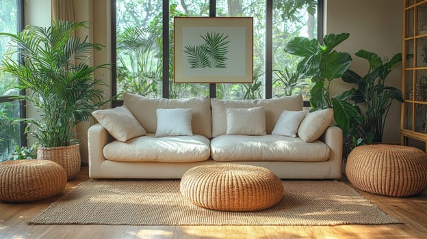 A modern shabby chic living room featuring woven poufs, lush plants, and natural textures, ideal for text placement