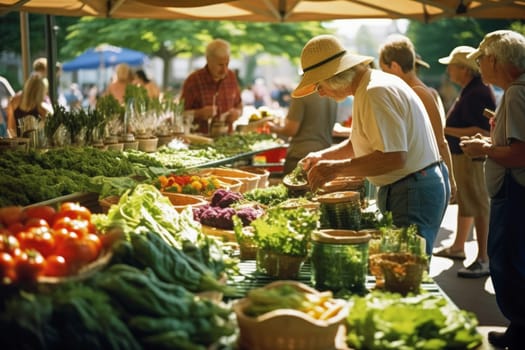Senior woman wearing a straw hat selecting fresh greens and vegetables at a bustling outdoor farmers market with vibrant produce displays