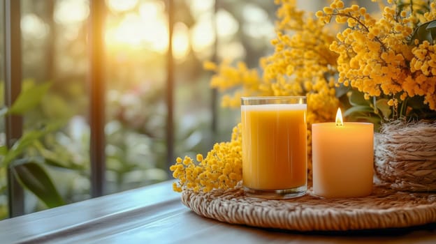 A glass of orange juice, a glowing candle, and bright yellow flowers arranged on a table, creating a serene Easter morning atmosphere with room for text