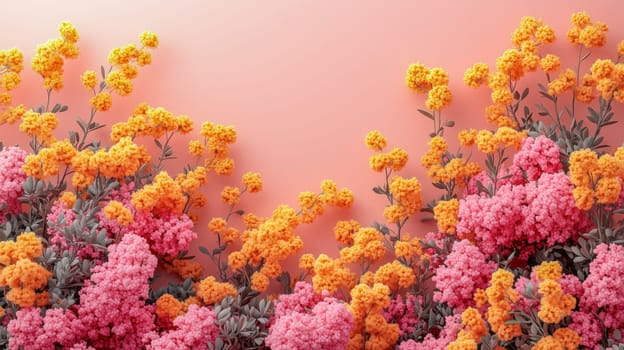A blend of vibrant pink and orange mimosa flowers with green foliage on a soft peach background, symbolizing diversity, empowerment, and the celebration of women on International Women's Day