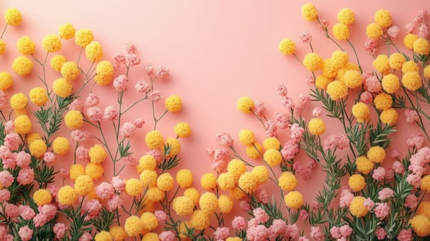 A vibrant arrangement of yellow and pink mimosa flowers with green foliage on a soft peach background, symbolizing joy, strength, and unity for International Women's Day