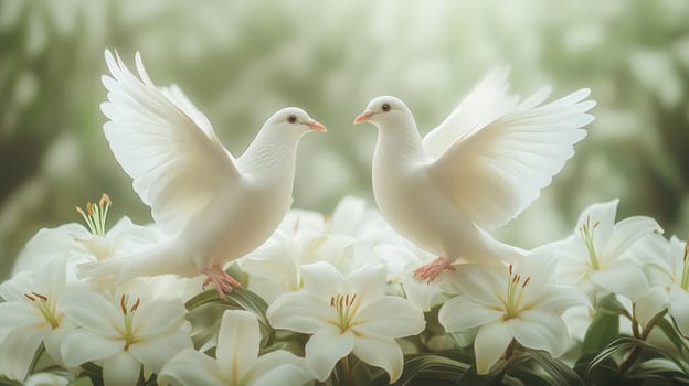 A pair of white doves with outstretched wings surrounded by blooming lilies, representing Easter's themes of hope and renewal