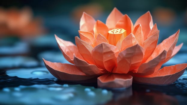 A peach-toned origami-style lotus flower resting on a reflective water surface, showcasing intricate paper craftsmanship