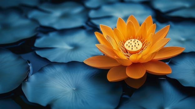 An orange origami-style lotus flower floating on dark blue water, emphasizing elegance and serenity. Space for text available