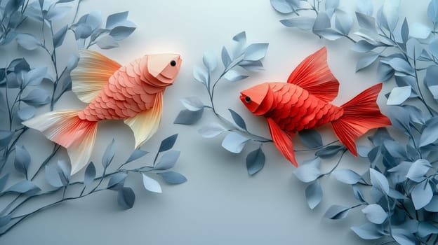 Two paper-crafted goldfish, one red and one orange, surrounded by blue paper leaves on a light background. Space for text available