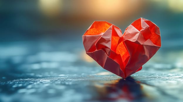 A bright red origami heart glowing warmly, placed on a reflective surface with a serene, blurred background. Space for text available
