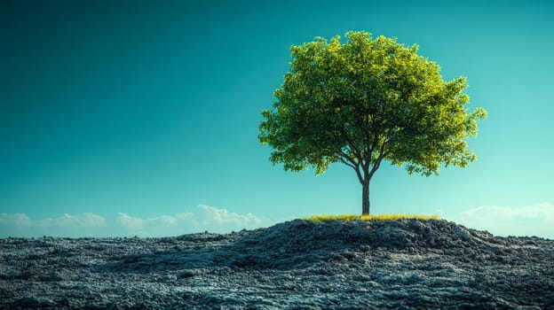 Earth Day. A mature tree standing alone on a grassy mound beneath a clear sky, symbolizing strength, growth, and sustainability. Background provides ample space for overlay text