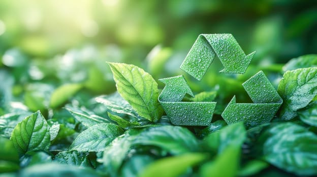 Recycling symbol surrounded by fresh green leaves covered with dewdrops, illuminated by sunlight, symbolizing sustainability. Space for text included