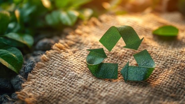 Rustic recycling symbol crafted from textured green material, placed on burlap and illuminated by warm natural sunlight. Space for text included