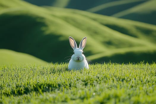 White cute hare sits in green grass in hill valley. Happy Easter holiday concept.