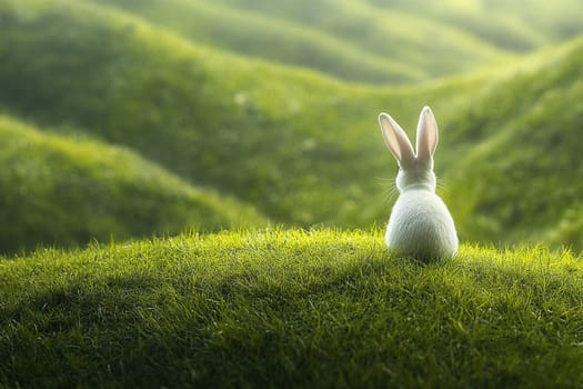 Back view of white rabbit with long ears sitting on green hill. Easter banner with copy space.