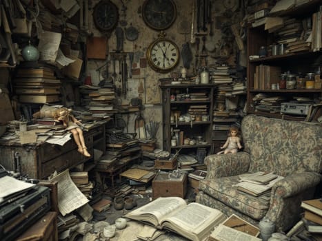 Two dolls are sitting in a very messy abandoned house full of books, papers, clocks and various objects, giving a sense of passing time and decay. Ai generated