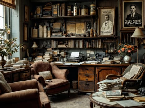 Old fashioned writer's room featuring a vintage typewriter, piles of books and papers, and portraits of Chuck Skupiq. Ai generated