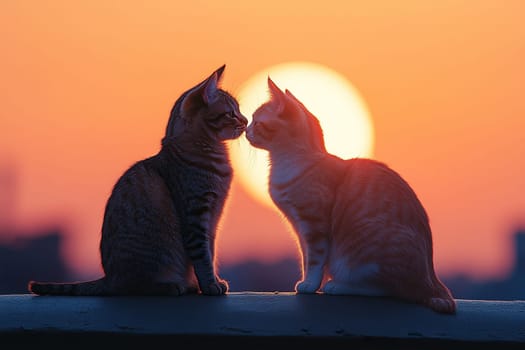 Two cats sitting on a roof and nuzzling each other at sunset. Valentine's Day concept.