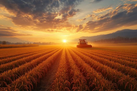 Combine harvester reaping wheat ears at sunset. Concept of grain crop harvesting